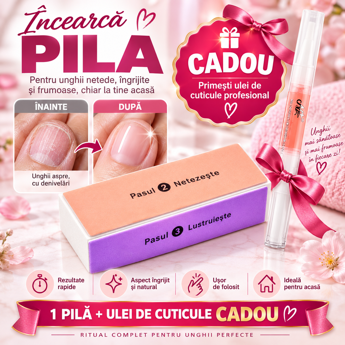 Pilă Profesională 3 în 1 + Ulei de Cuticule CADOU